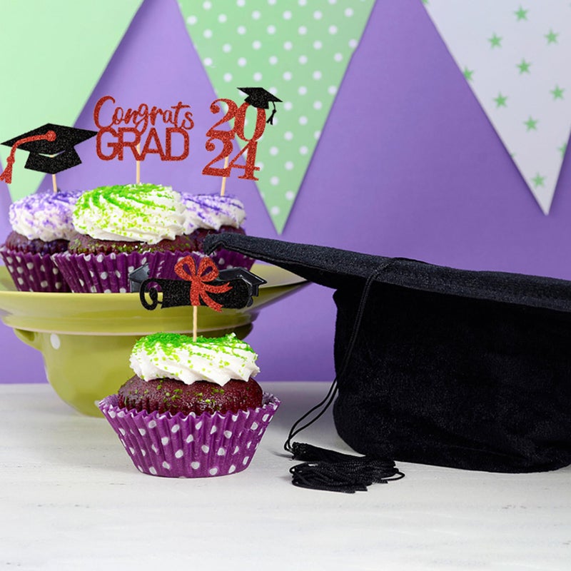 Moffris Graduation Decorations 2025-24Pcs Red Glitter 2025 Graduation Cupcake Toppers for Class of 2025 Party Decorations - Image 4
